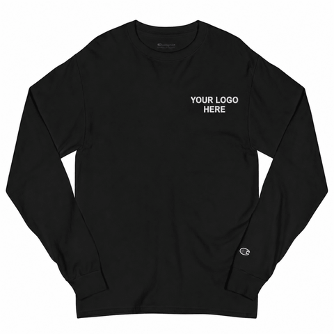 Custom women's Champion embroidered long sleeve T-shirt with white YOUR LOGO HERE left-chest stitching