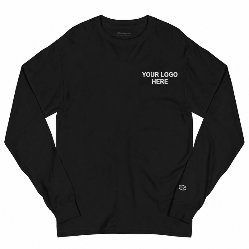 Custom women's Champion embroidered long sleeve T-shirt with white YOUR LOGO HERE left-chest stitching