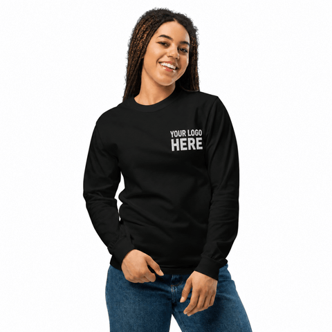 Custom women's Comfort Colors embroidered long sleeve T-shirt with white YOUR LOGO HERE left-chest stitching