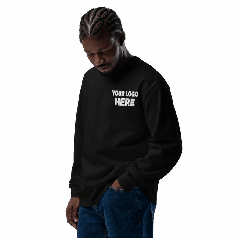 Custom men's AS Colour embroidered heavyweight long sleeve T-shirt with white YOUR LOGO HERE left-chest stitching