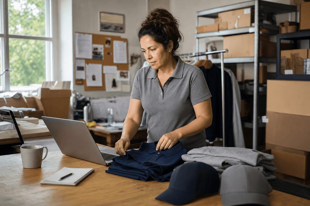 Small business owner sorting blank navy and gray polos and caps at a work table