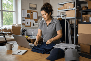 Small business owner sorting blank navy and gray polos and caps at a work table