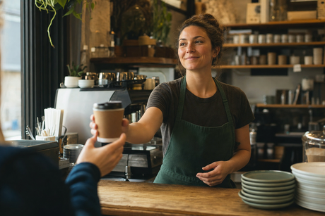 A cafe worker in a plain green apron handing a coffee cup across the counter