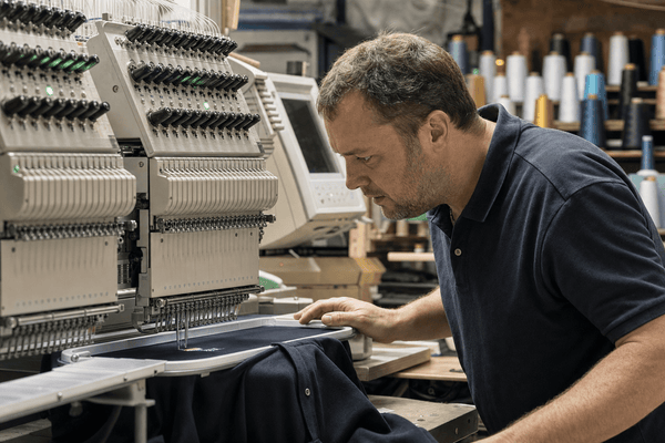 Embroidery machine operator checking a stitched polo shirt in a workshop