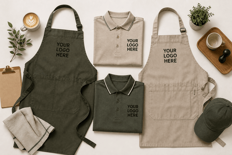 Custom branded cafe staff aprons and polos with a placeholder logo