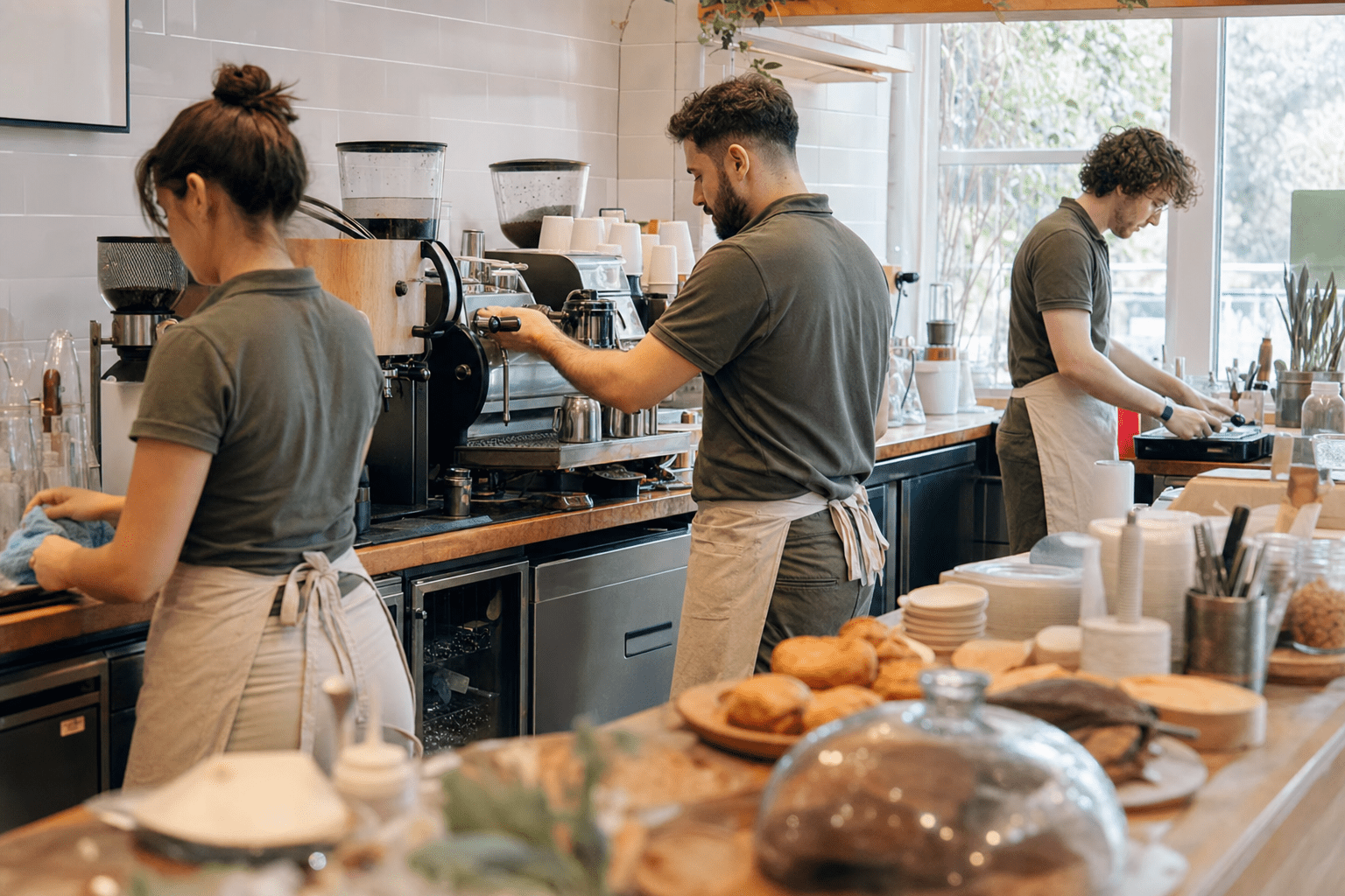 Cafe staff in plain aprons and polo shirts working behind the counter during morning service in natural light