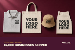 Flat lay of custom branded apparel from Arklavo, a polo, tote bag, bucket hat and apron, each printed with a bold Your Logo Here placeholder, above a 13,000 Businesses Served banner