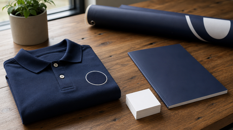 Editorial flat-lay related to sites like vistaprint