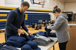 A coach and parent volunteer sorting folded team hoodies and caps in a school gymnasium