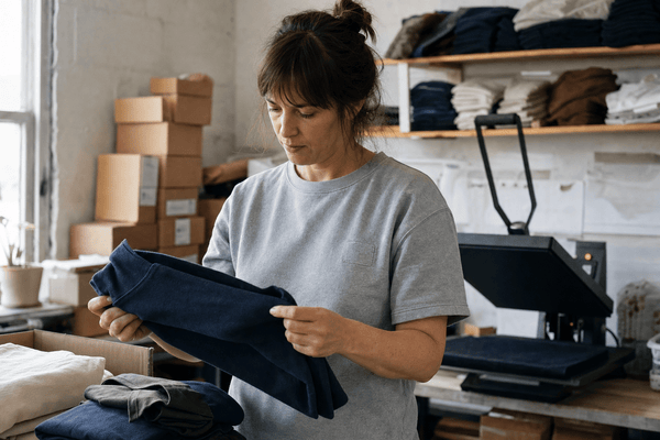 Gildan custom shirts being checked for quality in a small apparel workshop