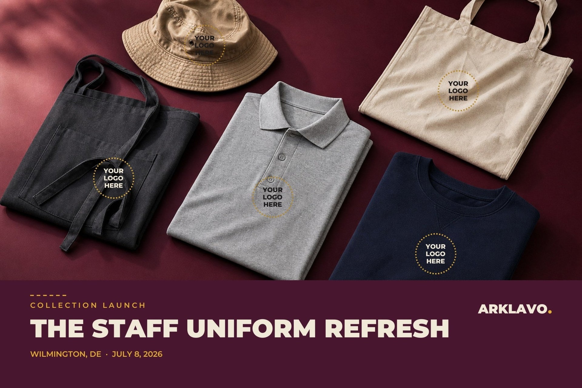 Flat lay of Arklavo custom staff apparel, a heather grey polo, charcoal apron, navy crewneck, tan bucket hat and canvas tote, each showing a Your Logo Here embroidery placement, on a mulberry background.