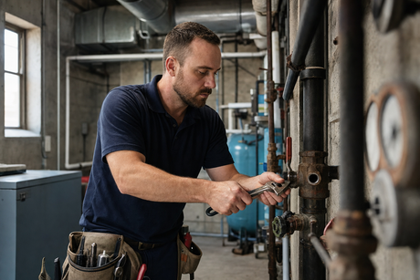 A maintenance technician in a navy work polo and tool belt repairing a valve in a building mechanical room