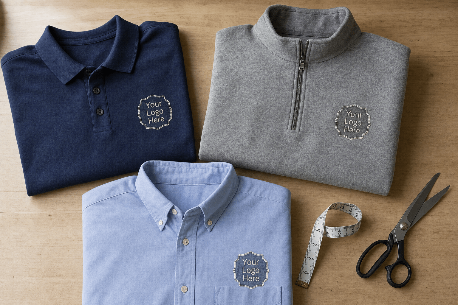Flatlay of custom navy polo, pullover and button-down shirts with "Your Logo Here" chest emblems