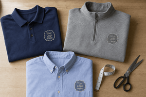 Flatlay of custom navy polo, pullover and button-down shirts with "Your Logo Here" chest emblems