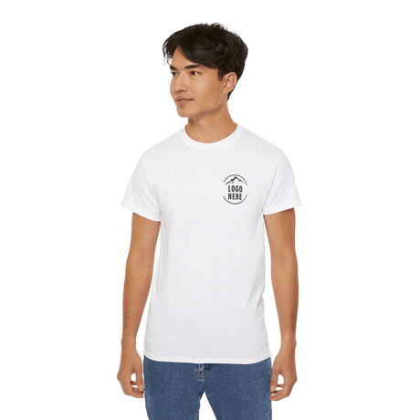 Gildan size chart reference: a white Gildan heavyweight cotton t-shirt