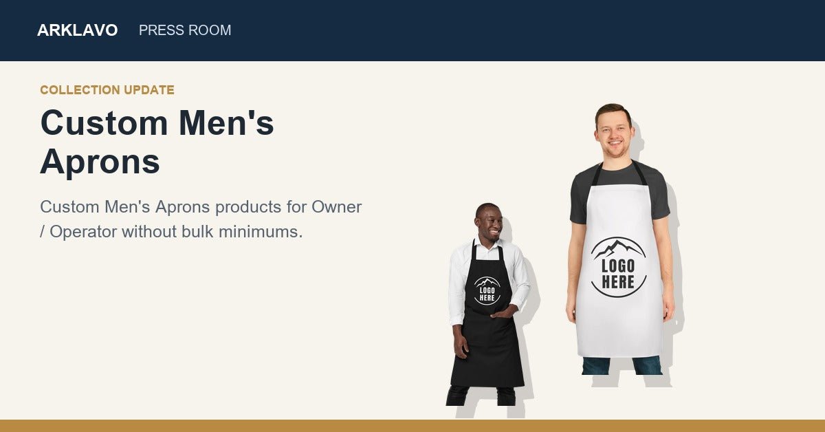 Arklavo Marks 4-Product Custom Men's Aprons Ordering Path for Small Teams hero image for mens aprons for staff uniforms from Arklavo.