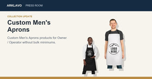 Arklavo Marks 4-Product Custom Men's Aprons Ordering Path for Small Teams hero image for mens aprons for staff uniforms from Arklavo.