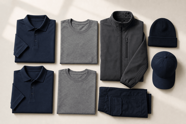 Courier uniforms kit flatlay: folded navy polos, gray tees, softshell jacket, beanie and cap for a delivery team