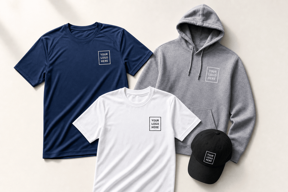 Flatlay of a custom navy performance jersey, grey hoodie, white tee and black cap with Your Logo Here chest emblems
