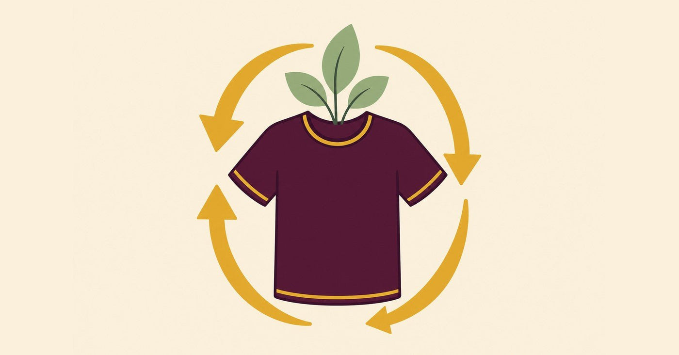 Flat illustration of a mulberry custom t-shirt encircled by brass recycling arrows with green leaves sprouting from the collar, representing sustainable custom apparel.