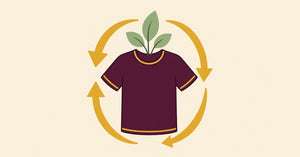Flat illustration of a mulberry custom t-shirt encircled by brass recycling arrows with green leaves sprouting from the collar, representing sustainable custom apparel.