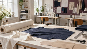 A bright apparel development studio with fabric, paper patterns and sewing equipment around a cutting table.