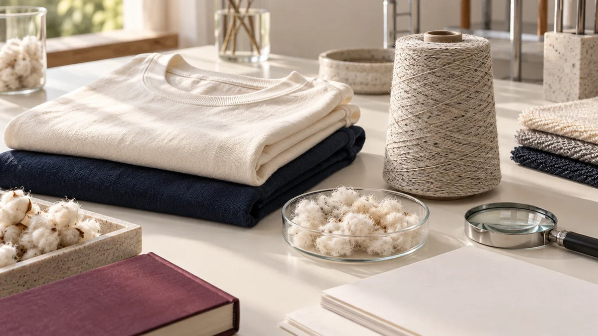 Folded cotton shirts, fiber samples, a yarn cone and plain documents on a work table.