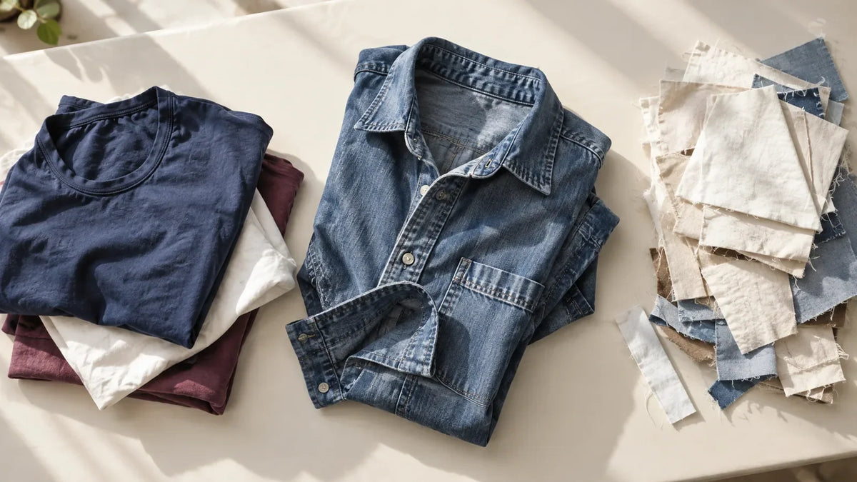 Sorted used cotton shirts, denim and textile offcuts on a light table.