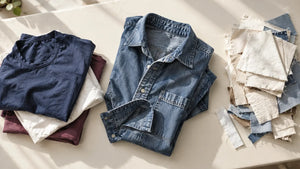 Sorted used cotton shirts, denim and textile offcuts on a light table.