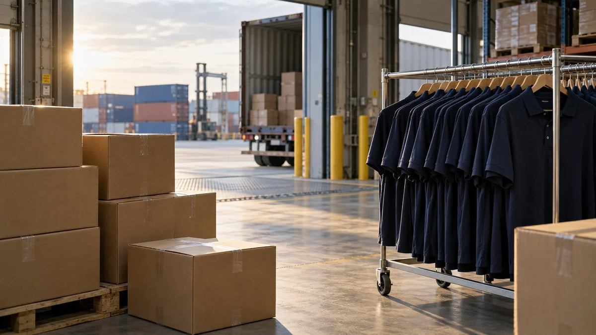 Cartons and a rail of navy polos beside an open freight-warehouse loading dock.