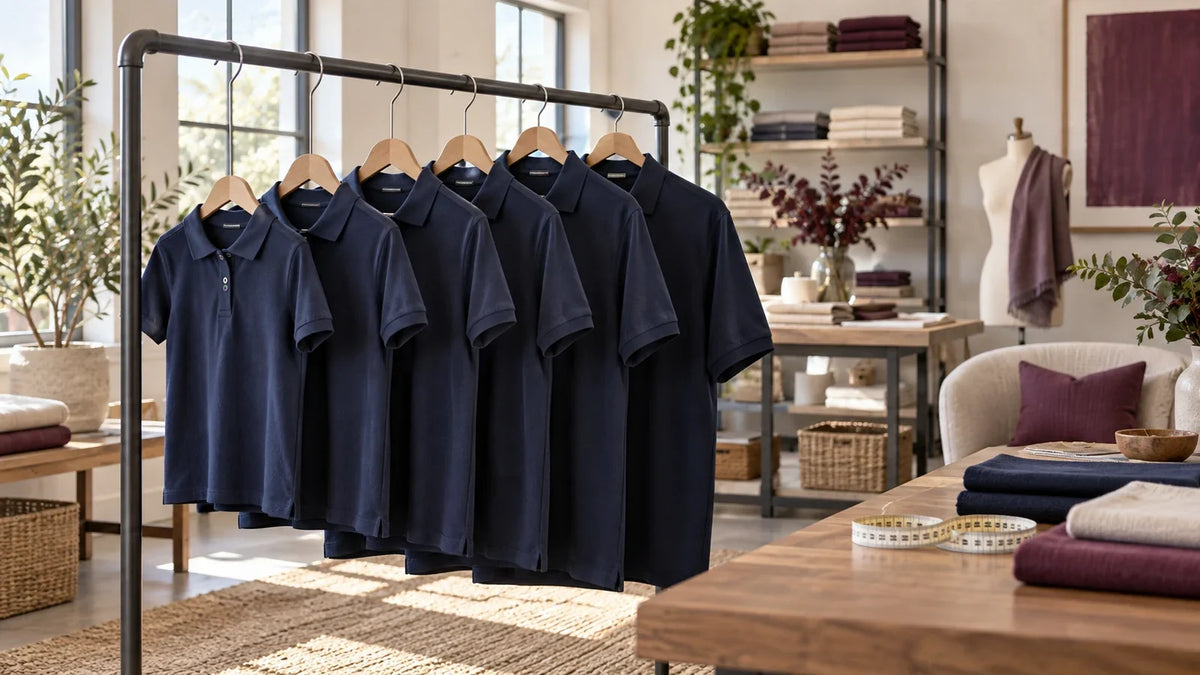 Navy polo shirts in graduated sizes hang on a sample-room rail.