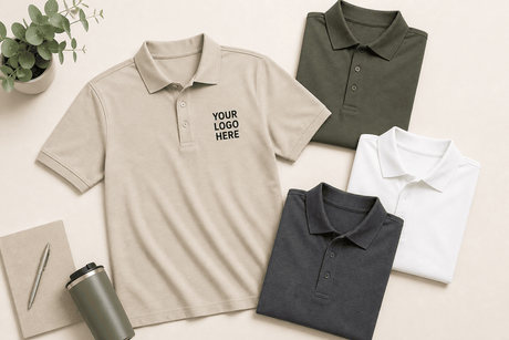 Custom branded staff polo shirts with a placeholder logo