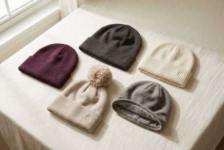 Custom embroidered knit beanie styles on linen including cuffed, slouchy, ribbed, pom-pom and fleece-lined