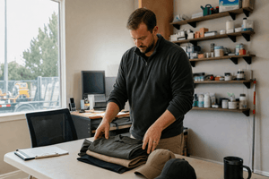 A small business owner folds a short stack of plain shirts and caps at a work table, sorting a small custom apparel order with no logos yet applied.