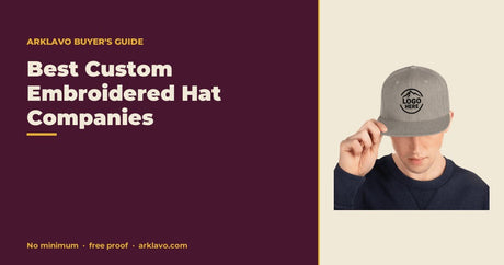 Best Custom Embroidered Hat Companies: Arklavo buyer's guide with a branded product mockup on a mulberry card