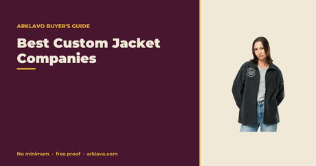 Best Custom Jacket Companies: Arklavo buyer's guide with a branded product mockup on a mulberry card