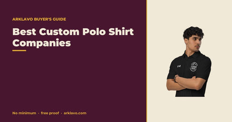 Best Custom Polo Shirt Companies: Arklavo buyer's guide with a branded product mockup on a mulberry card