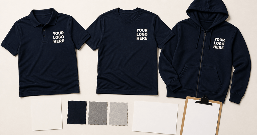 how much does custom branded apparel cost: three dark apparel styles with blank quote materials