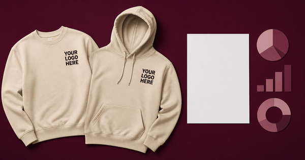 custom sweatshirt statistics: two light sweatshirts beside a blank source sheet and charts