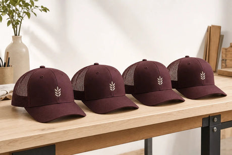 Four matching mulberry team trucker hats lined up on a wood workbench, each with the same embroidered emblem