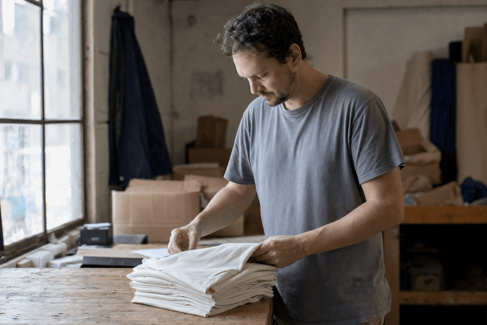 Man inspecting a stack of blank undyed cotton t-shirts on a wooden workroom table