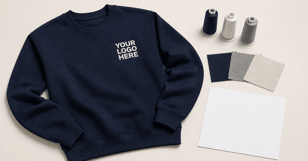 how much do embroidered sweatshirts cost: dark sweatshirt with thread supplies and a blank quote card