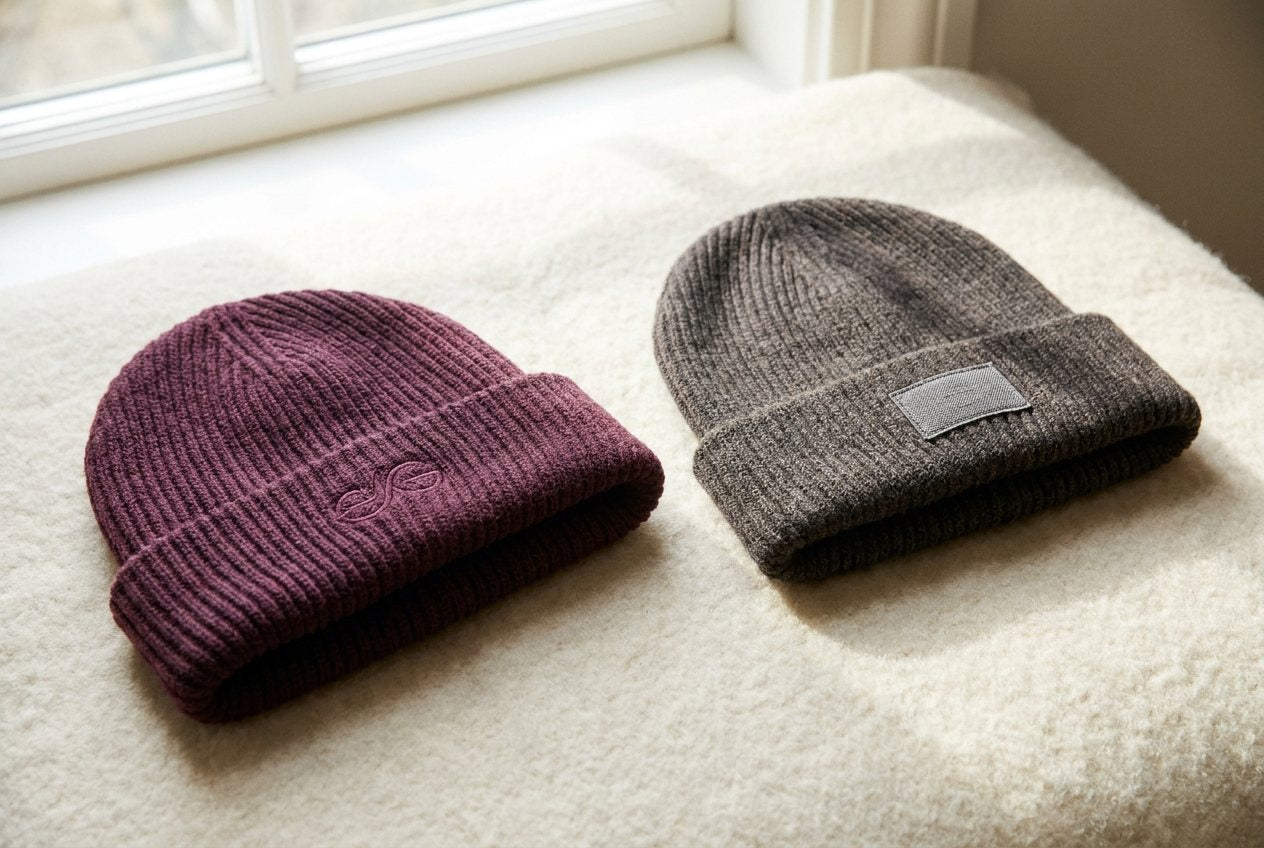 Two custom beanies side by side, one with direct embroidery and one with a stitched fabric patch on the cuff