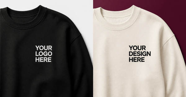embroidery vs screen printing on sweatshirts: dark stitched sweatshirt beside a light ink-decorated sweatshirt