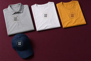 Folded blank lightweight custom apparel, a moisture-wicking polo, a performance t-shirt, a cap, and a light knit top, each marked with a Your Logo Here placeholder emblem, on a mulberry background.