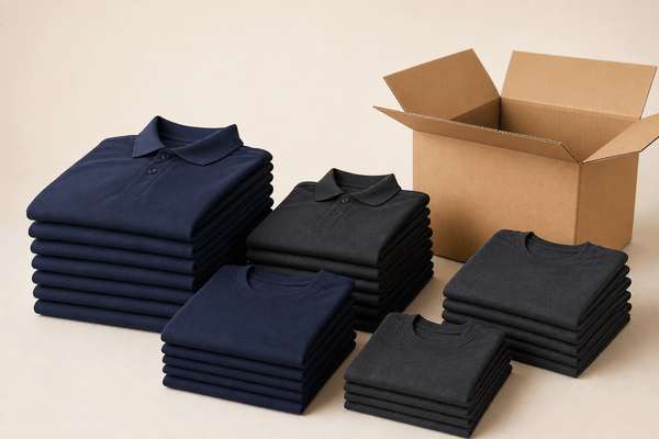 Stacks of folded delivery driver uniforms beside a shipping box, sized for a fleet order