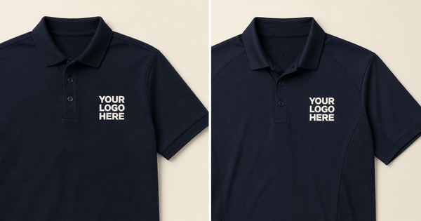 golf polo vs regular polo: two navy polos showing performance and standard knit construction