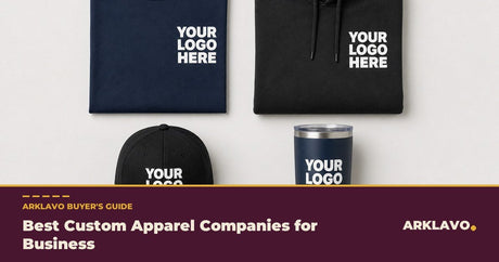 Best custom apparel companies for business buyer's guide: a branded kit of t-shirt, hoodie, cap and tumbler each with Your Logo Here