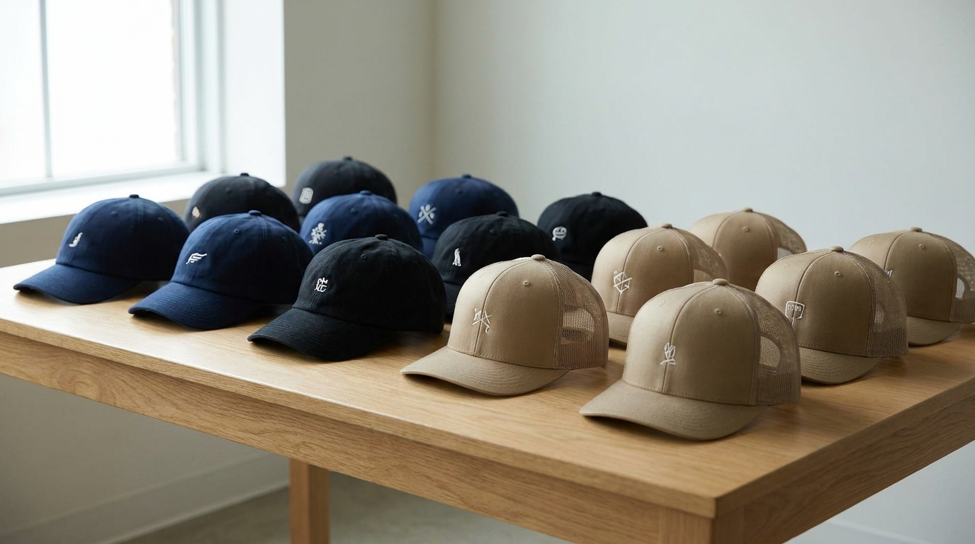 How much do custom hats cost: assortment of custom embroidered baseball, dad, and trucker caps in navy, black, and tan on a studio table