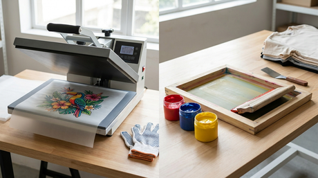 DTF vs screen printing: printed DTF transfer film beside a silk screen frame and squeegee